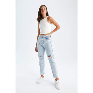 Women's Zara Light Blue Distressed Straight Leg Mom Jeans US 2